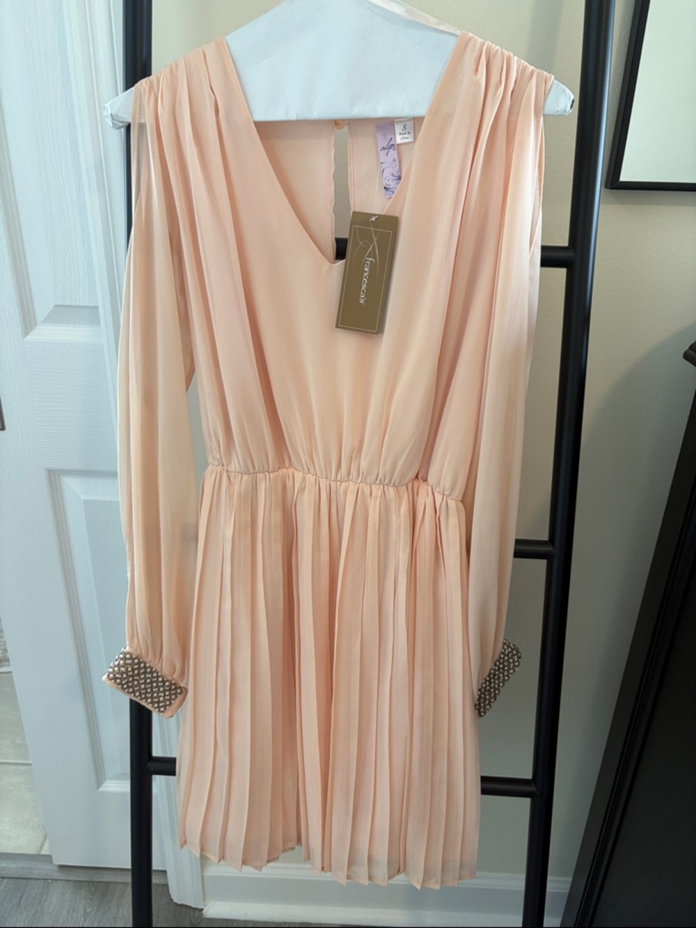Pleated Peach Long-Sleeve V-Neck Dress